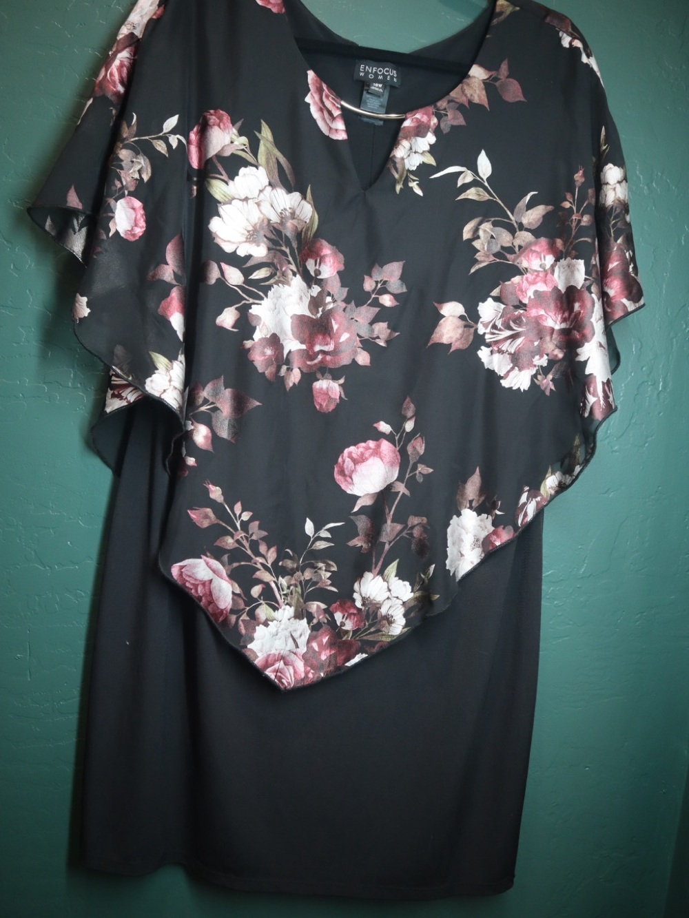 Enfocus Studio Black Midi Dress with Pink and Cream Floral Overlay